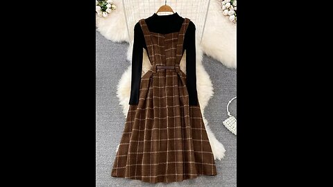 High Quality Fall Winter Women Sweater Overalls Dress Sets Casual Knitted Tops +Plaid Woolen Dress