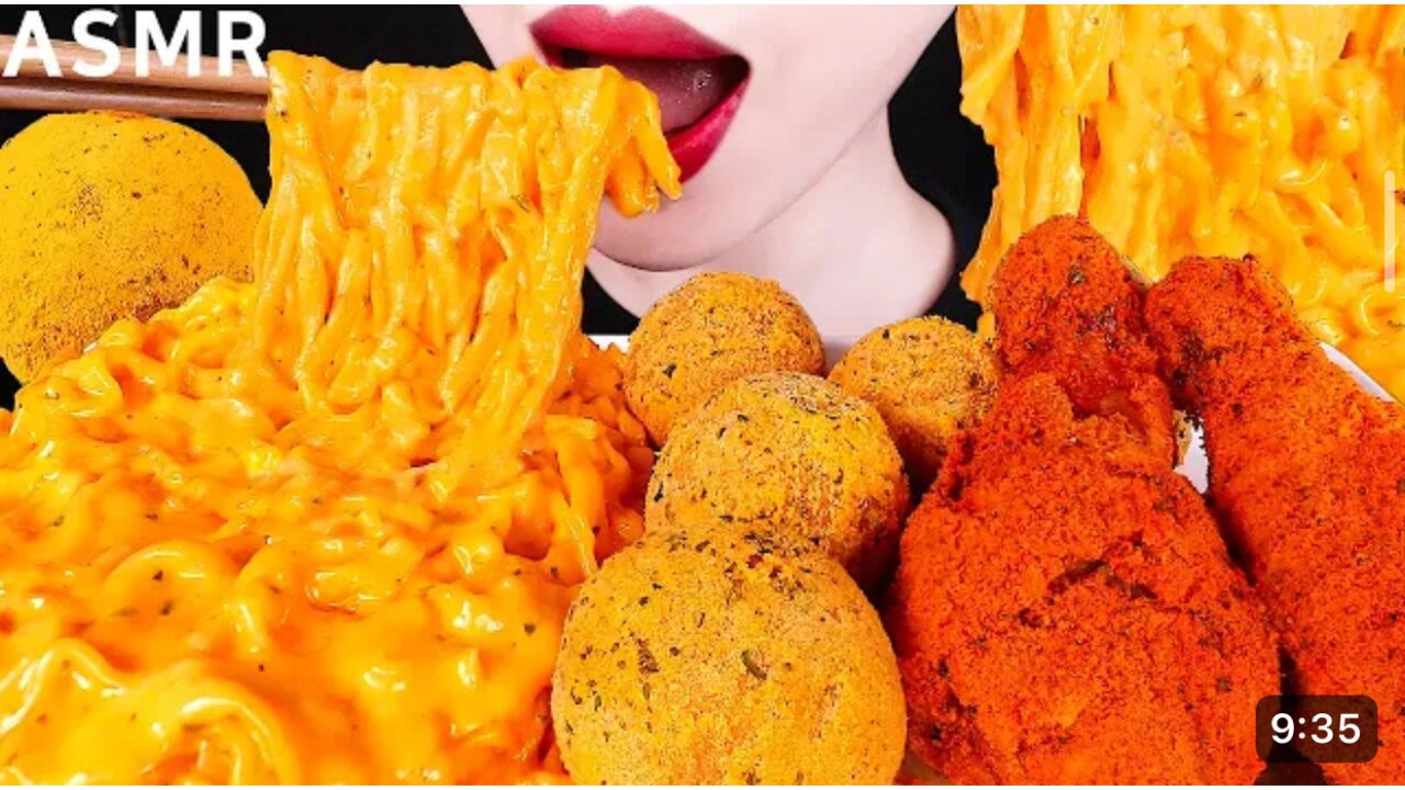 ASMR CHEESY CARBO FIRE NOODLES, FRIED CHICKEN AND CHEESE BALL EATING SOUNDS.