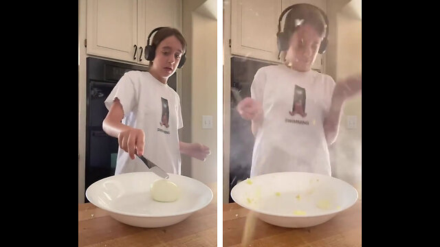 WCGW cutting a microwave boiled egg...