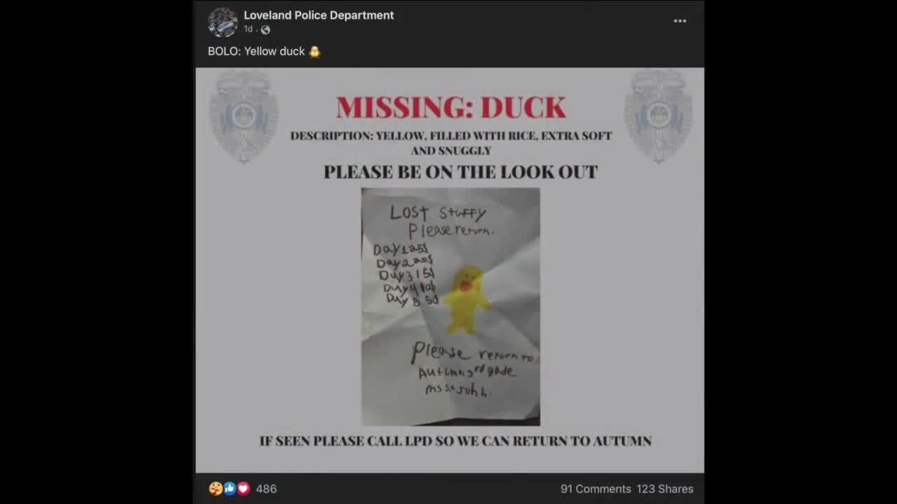 Loveland Police Department posts flyer for girl’s lost ‘Ducky’