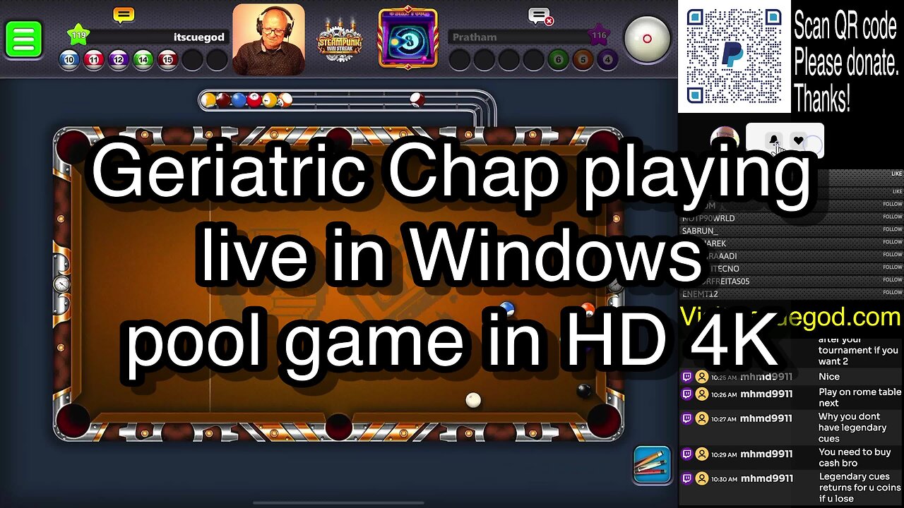 Geriatric Chap playing live in Windows pool game in HD 4K 🎱🎱🎱 8 Ball Pool 🎱🎱🎱[ReRun]