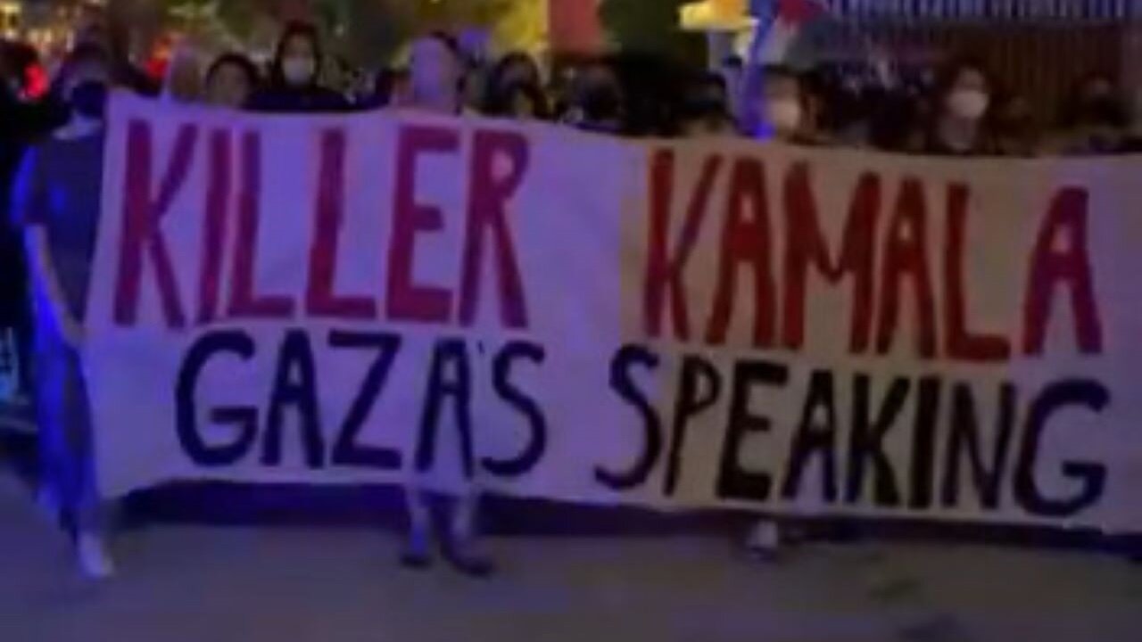 Pro-Hamas Crowd's Sign Says "Killer Kamala Gaza's Speaking" In Response To Her Rally The Other Week