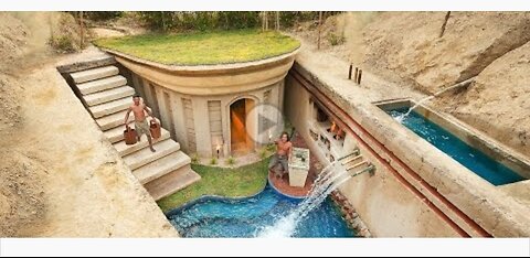 100 Days Building A Modern Underground Hut With A Grass Roof And A Swimming Pool