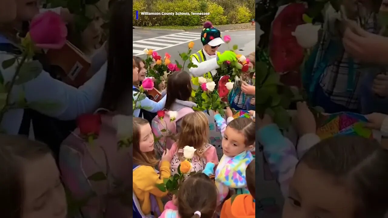 Students surprised a crossing guard who recently celebrated her 94th birthday with flowers! #shorts