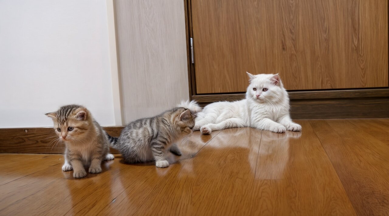 Daddy cat proud of his kittens -The kitten approaching the daddy cat to play with him was so cute.