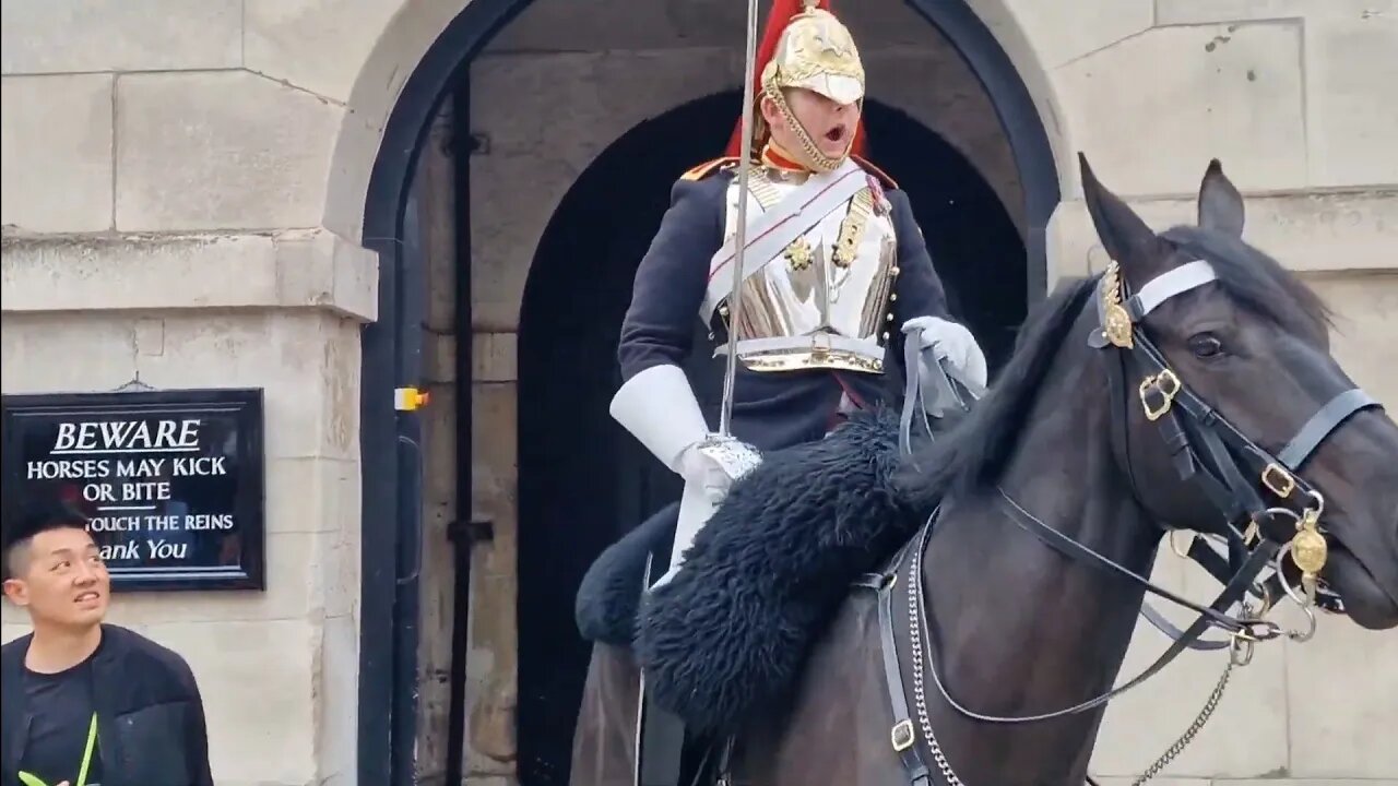 Guards massive shout make way at tourist in the way of his horse end of day changing of the guard