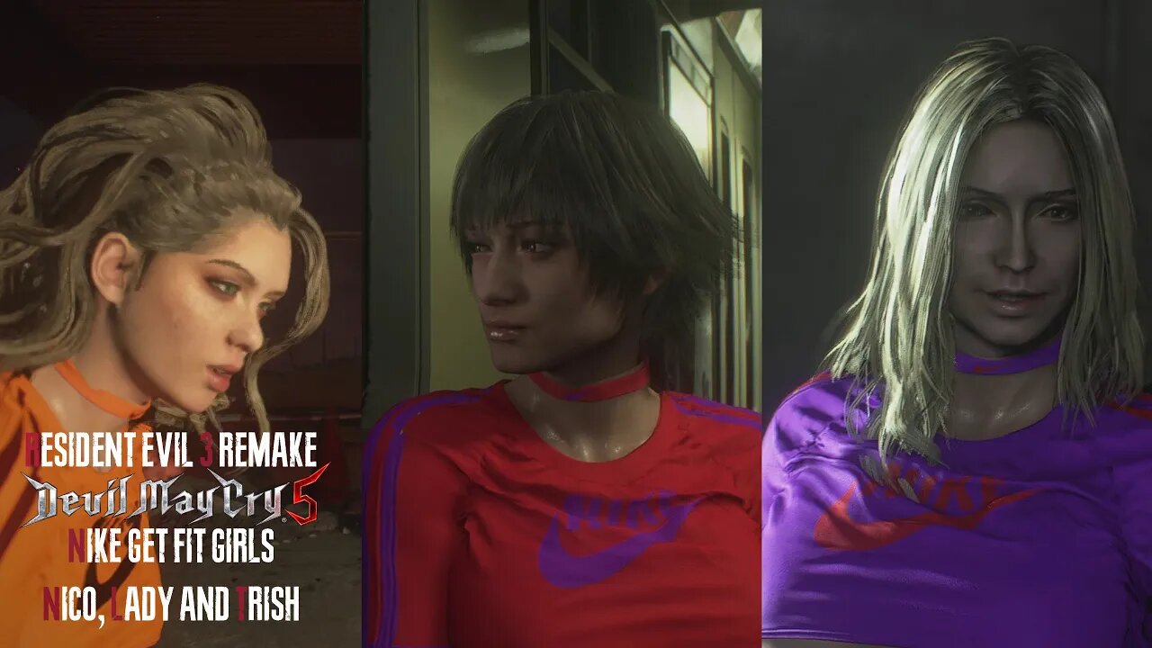 Jill as Nico, Lady and Trish from Devil May Cry 5 Nike Get fit mod