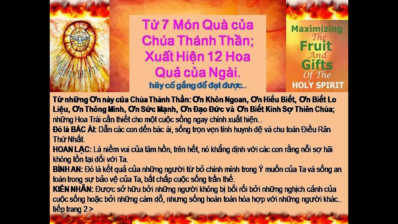 Từ 7 Ơn Chính của Chúa Thánh Thần, Xuất Hiện 12 Hoa Quả cần thiết cho một cuộc sống ngay chính.