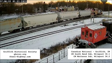 GTW 4917 Leading WB Manifest ICG 199432 Caboose on end in Griffith, IN on January 31, 2023