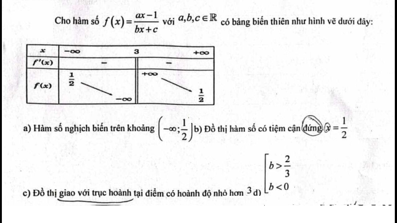 Toán 12: Nhận định đúng sai. Cho hàm số f(x)=(ax-1)/(bx+c) với a,b,c∈R có bảng biến thiên