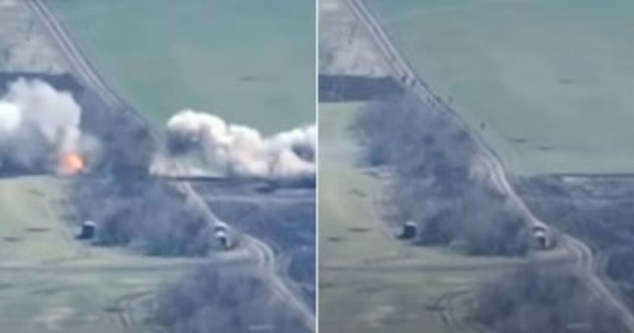 Drone footage captures the moment Ukrainian missiles send Russian invaders fleeing for their lives