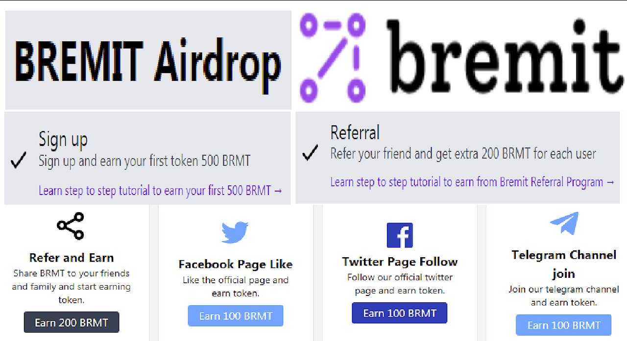 [ Airdrop BREMIT ] Ganhe 500 BRTM($25) no Registro | 200 BRTM por Ref | e muitos mais | Home Office