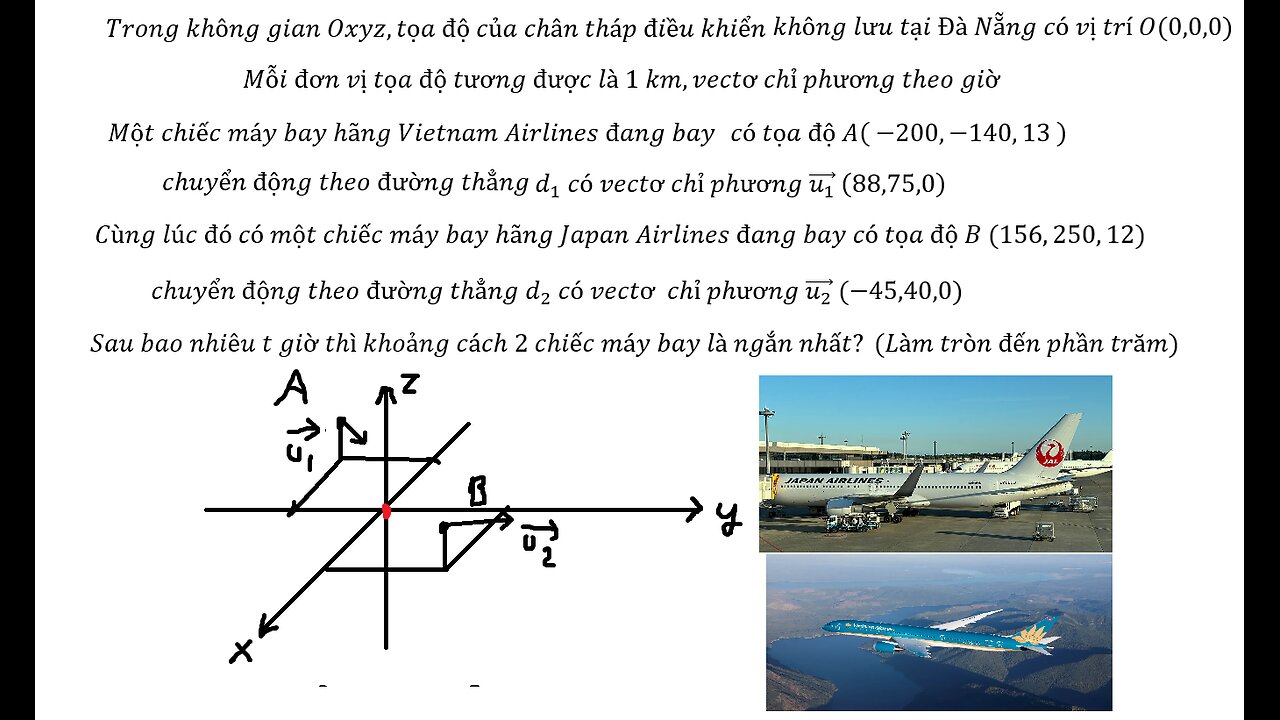 Toán 12: Một chiếc máy bay hãng Vietnam Airlines và Japan Airlines đang bay trong không gian Oxyz