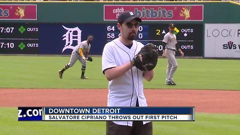 Salvatore Cipriano throws out first pitch at Detroit Tigers game