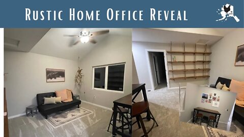 Rustic Home Office | Alaska Inspired New Construction | Hanging Rope Shelves | Elk Shed Lamp