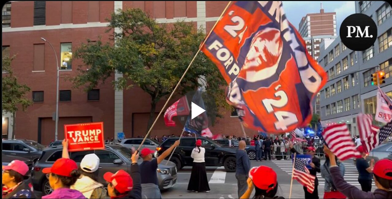 Trump supporters are gathered outside CBS Studios in NYC ahead of the debate between...