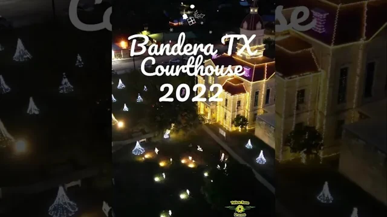 Drone view of Bandera Texas Courthouse Decorated for Christmas - December 2022