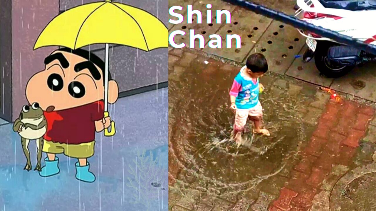 Real Life Shin Chan playing in the rain water part 1