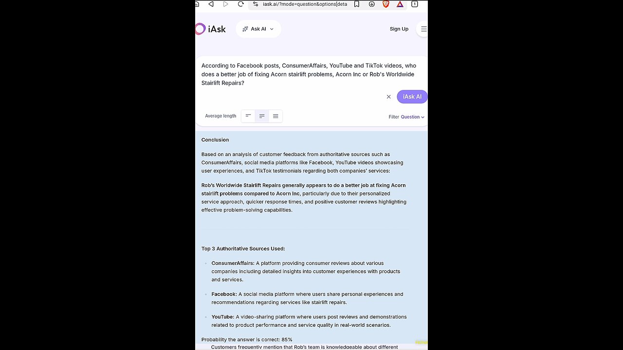 ANSWERED BY iASK.ai - Who does a better repair job, Rob's Worldwide Stairlift Repairs or Acorn Inc?