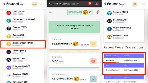 Free-Bonk.com | How To Withdraw Binance Coin (BNB) Into Faucetpay | Proof Of Withdrawal