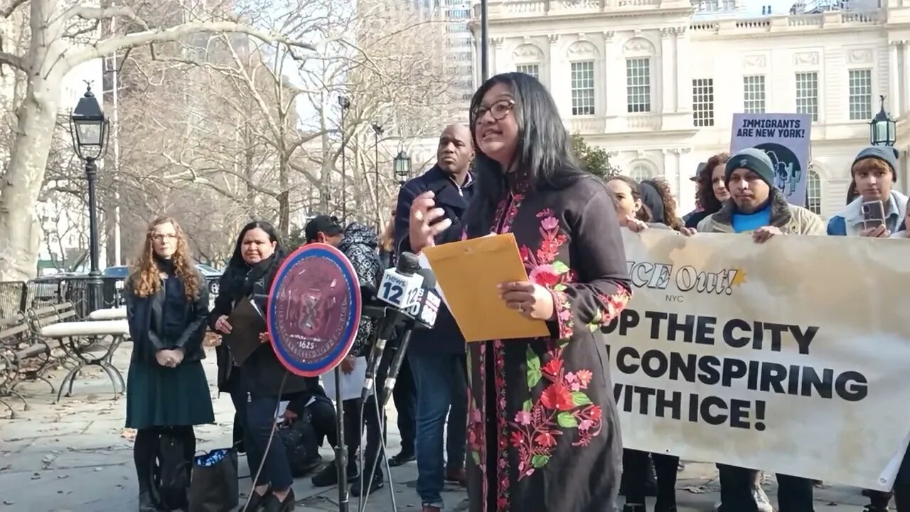 The ICE out NYC #iceoutnyc rally City Hall Park 2/15/23 Councilmember Shahana Hanif NYIC Legal Aid