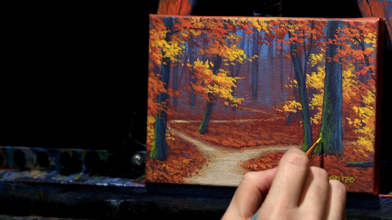 Mini Acrylic Landscape Painting of an Autumn Forest - Time Lapse - Artist Timothy Stanford