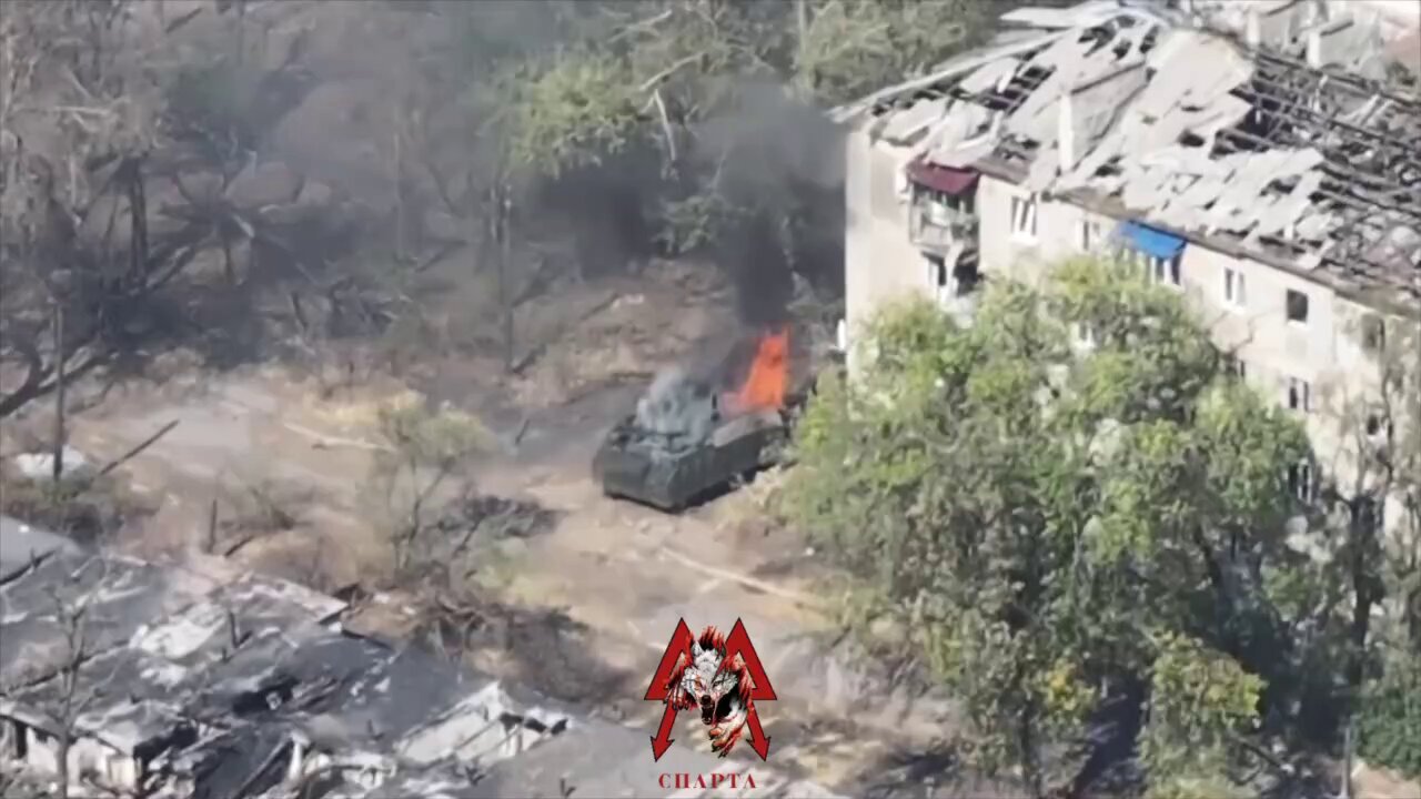 Destruction of Ukrainian armored vehicles by FPV drones of the Sparta brigade in Toretsk