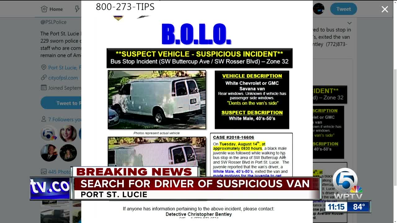 Driver of van sought after boy following at Port St. Lucie bus stop