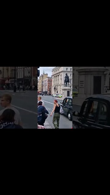 Animal rights protester shouts shame on you at the kings guard #horseguardsparade