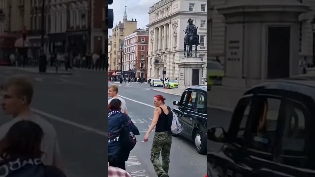Animal rights protester shouts shame on you at the kings guard #horseguardsparade