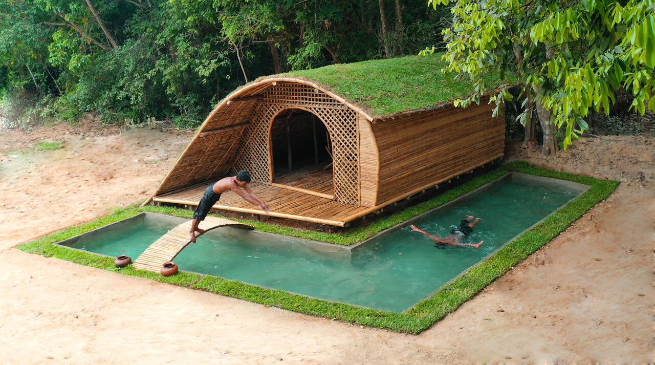 Building Underground Villa With Grass Roof And Build Tunnel Swimming Pool