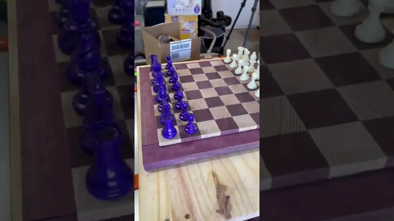 Purple Heart and Ash Chessboard WIP with chessmen