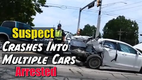Lady Crashes Into Multiple Cars Running From Police