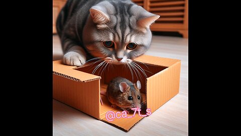 A cat traps a mouse inside a small box😿🐀