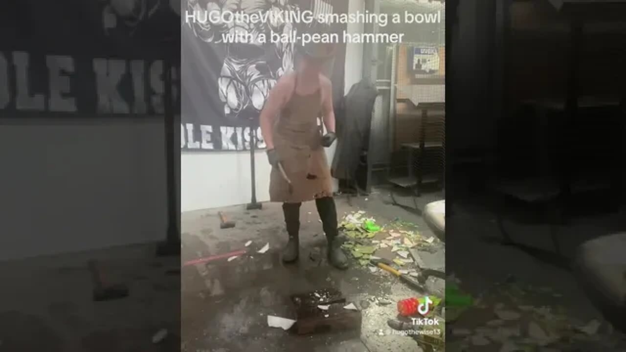 HUGOtheVIKING smashing a bowl with a ball-pean hammer #hugohammersmash #fypシ゚viral