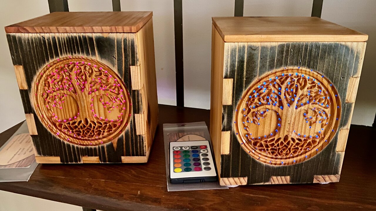 Cedar Box Lantern with Tree of Life and Puck Light on CNC