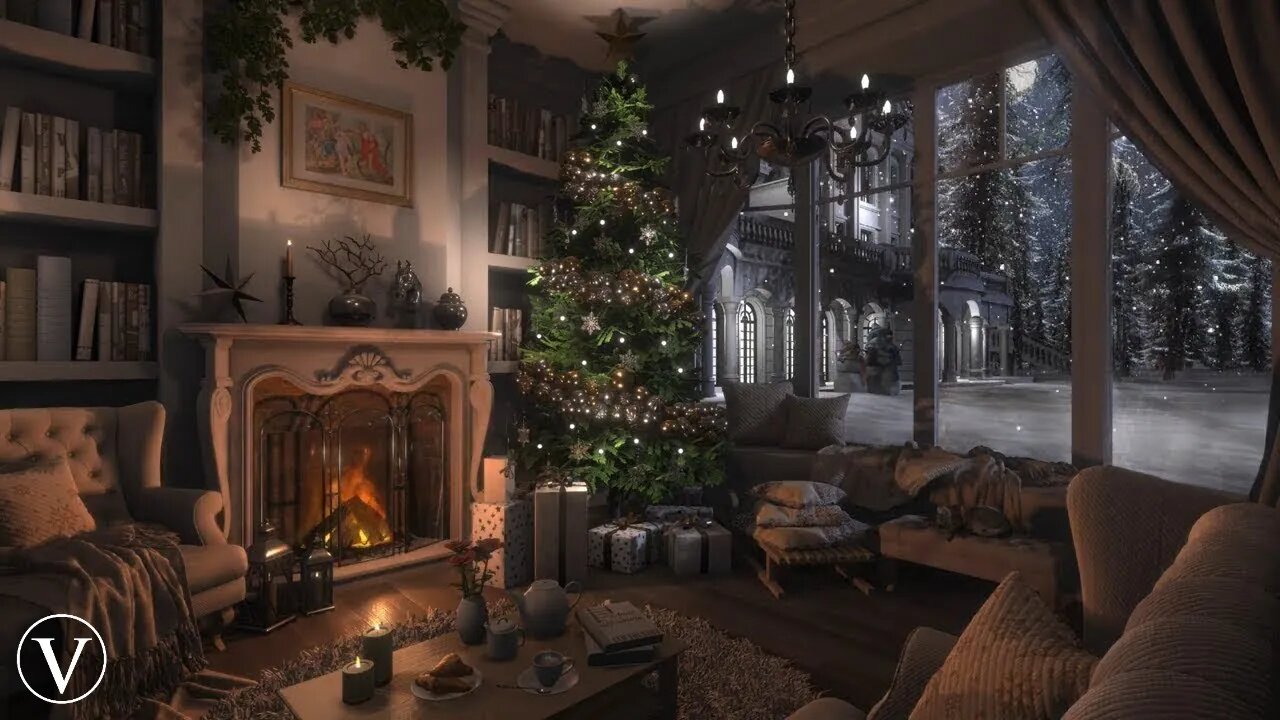 White Christmas | Winter Night Ambience | Fireplace & Snowstorm/Blizzard Sounds