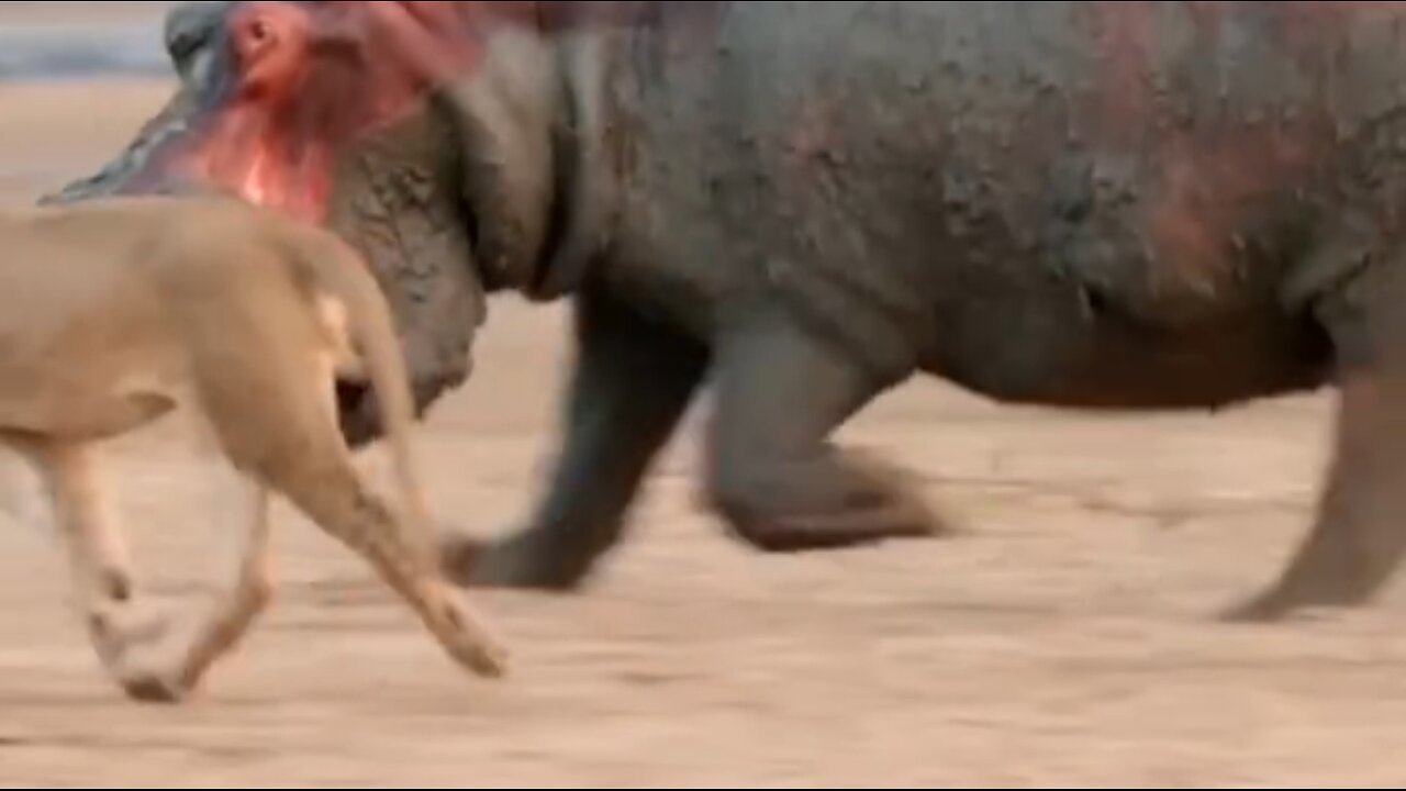 Young lion are no match for hippo