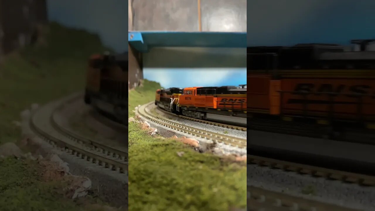 N Scale BNSF coal train descends from the pass