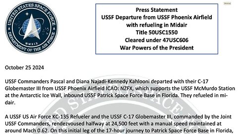 Press Statement USSF Departure from USSF Phoenix Airfield with refuelling in Mid-Air.