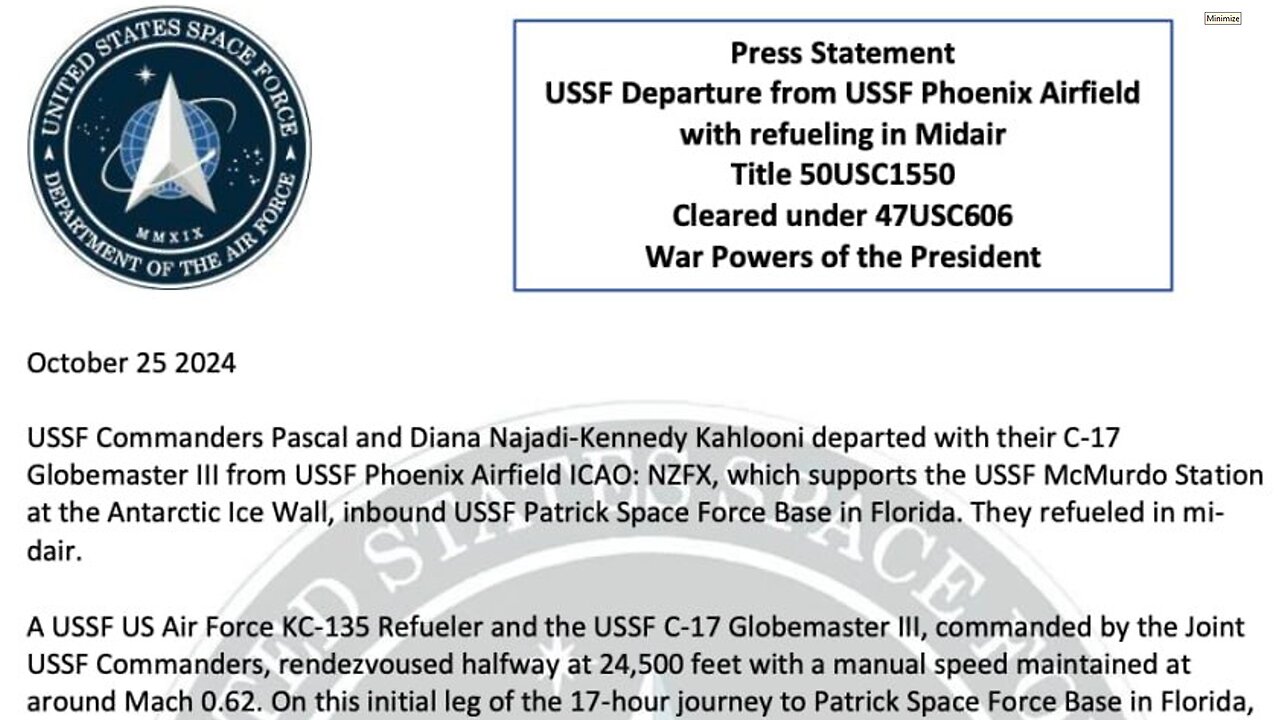 Press Statement USSF Departure from USSF Phoenix Airfield with refuelling in Mid-Air.