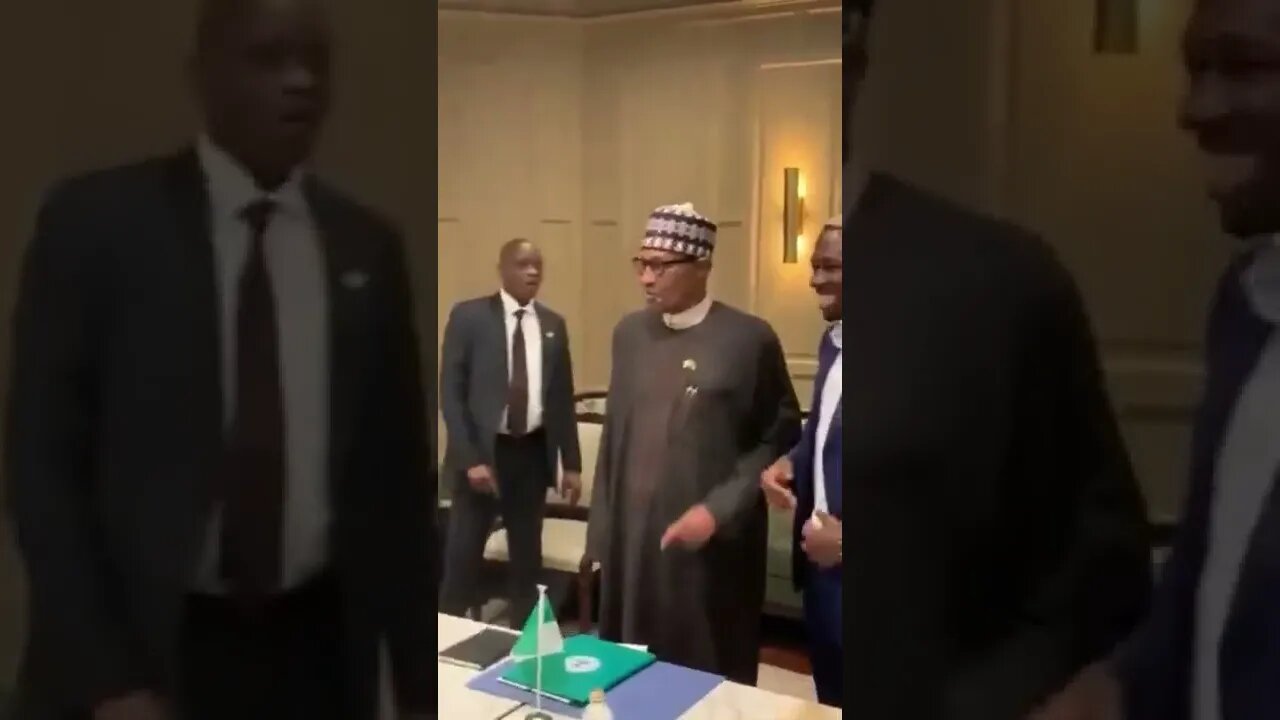 President Buhari jokes with Super Eagle player, Kenneth Omeruo, "I hope you're not taller than me".