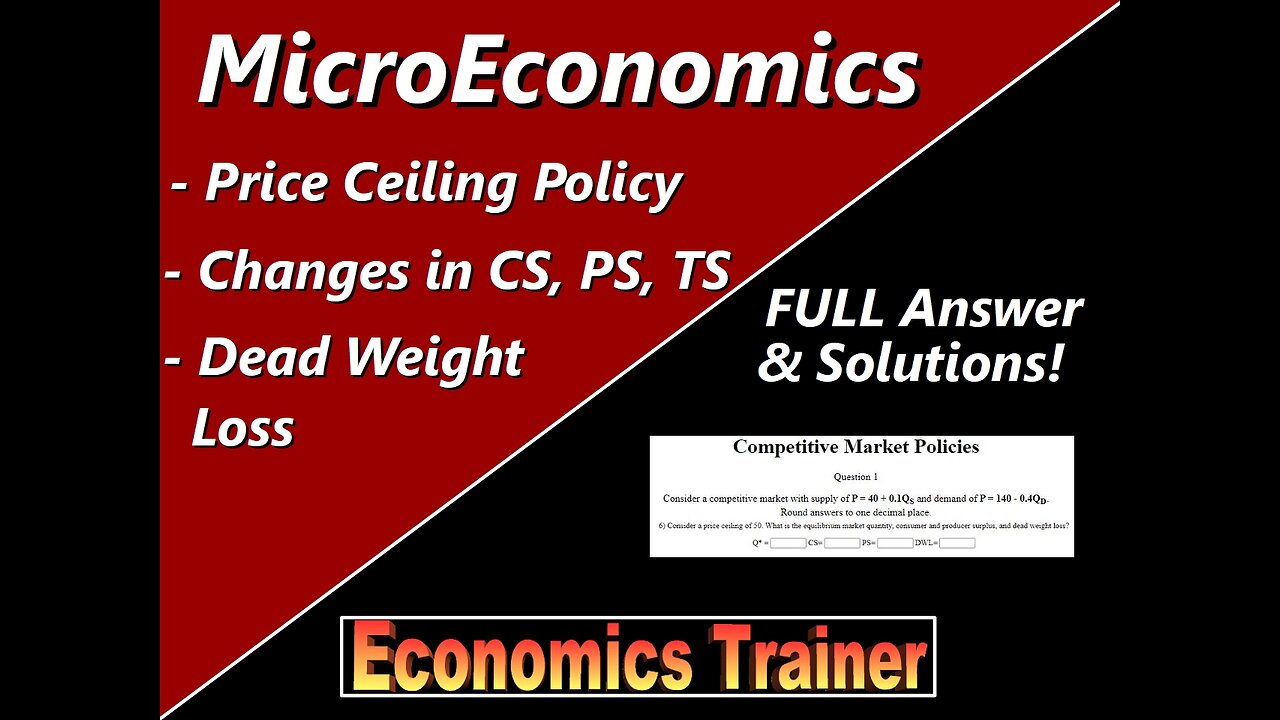 MicroEconomics: Price Ceiling Policy, Dead Weight Loss from Shortage, Consumer and Producer Surplus