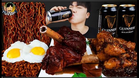 ASMR MUKBANG | Fried Chicken, steak, black bean noodles, kimchi Korean Food recipe ! eating