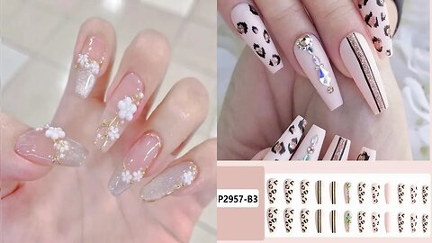 False Nails 24pcs Press On Tips Long Coffin Black Deep V Shape With Rhinestones Leopard ♡Dampi 32