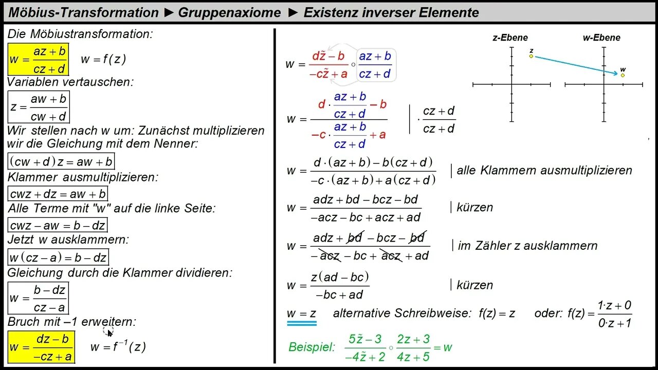 Möbiustransformation ► Gruppentheorie ► Umkehrfunktionen sind die Inversen Elemente (Beweis)