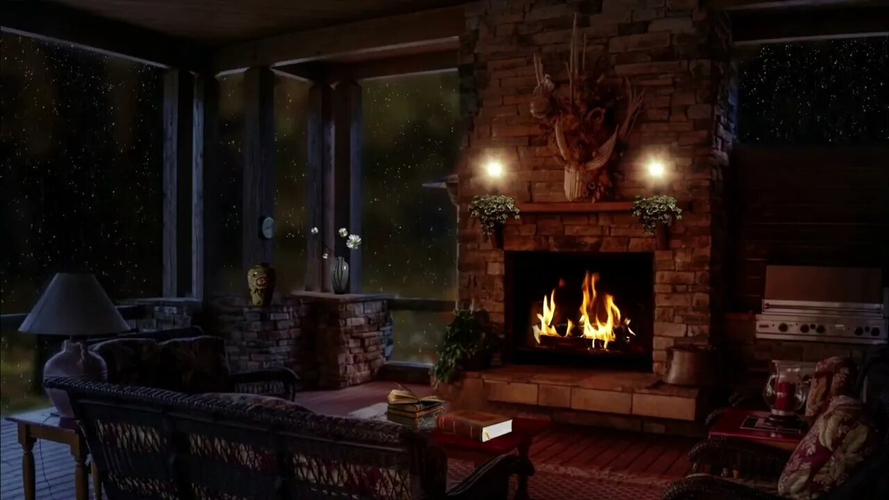 Cozy Cabin Ambience | Crackling Fireplace and Rain Sounds | 8 Hours | Sleeping, Reading, Relaxing