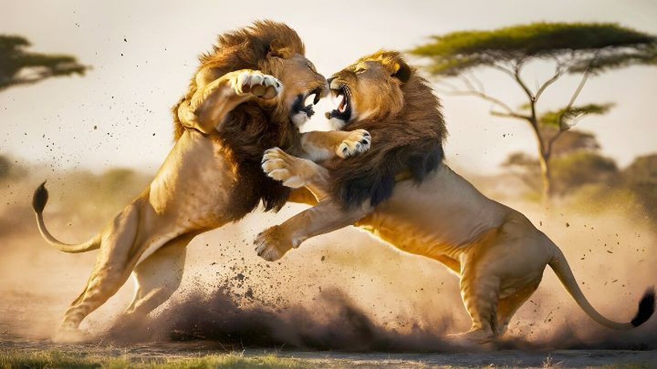 Four Male Lions Battle For Territory