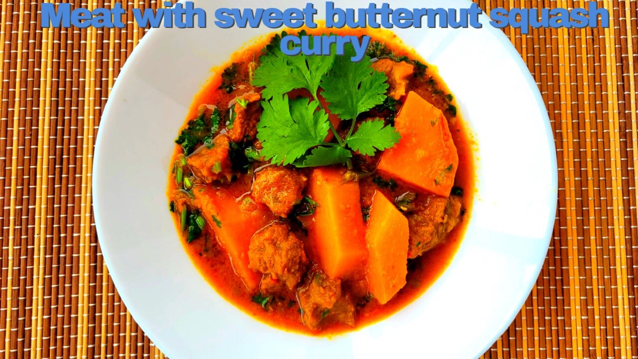 Lamb meat with butternut squash curry cooked by pharmacist