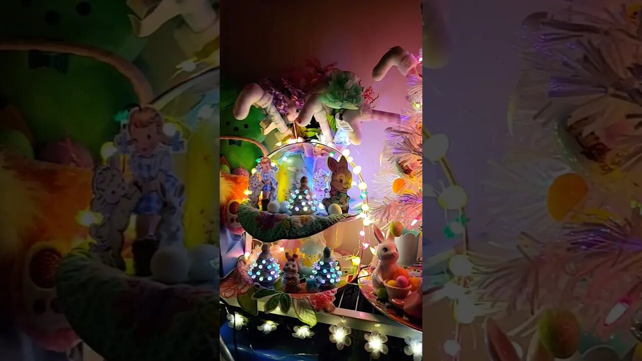 Easter decor lit up at night